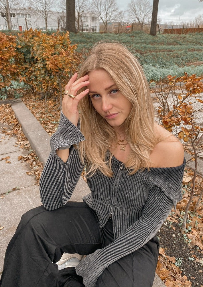 SAM OFF SHOULDER ZIPPER TOP - WASHED GREY