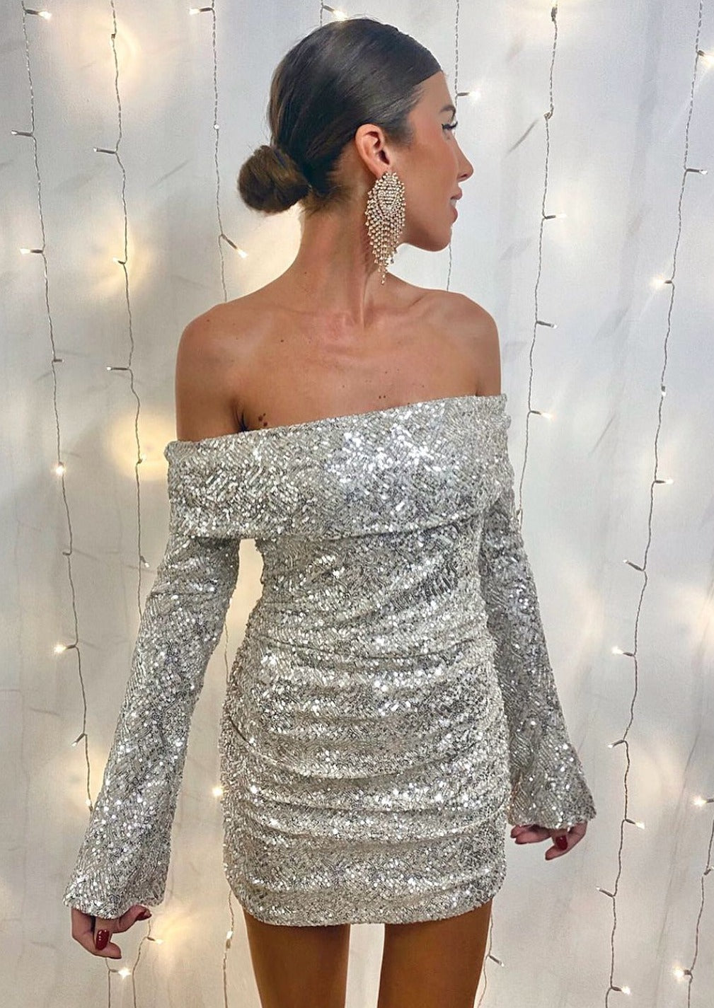 YAELA OFF SHOULDER GLITTER DRESS - BEIGE/LIGHT-GOLD