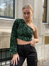Afbeelding in Gallery-weergave laden, ONE SHOULDER GLITTER TOP - GREEN
